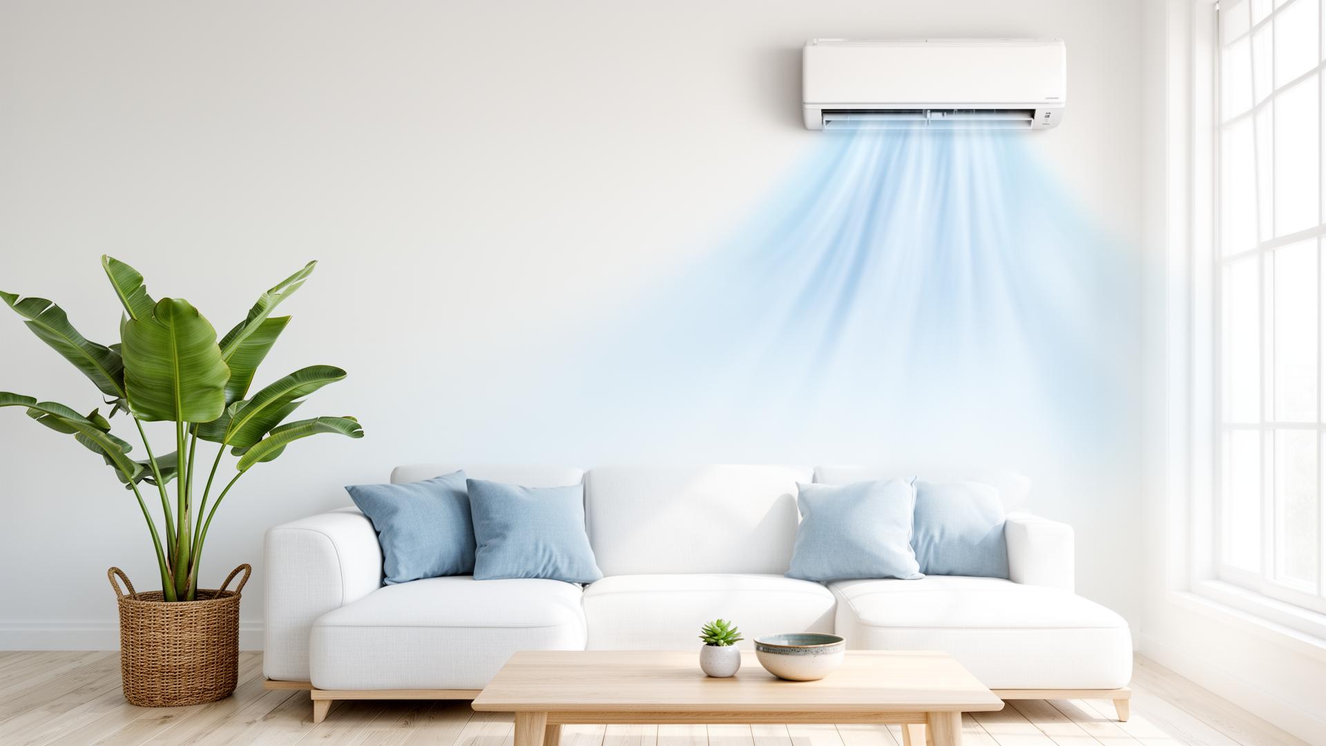 Wall-mounted air conditioning unit cooling a bright modern living room